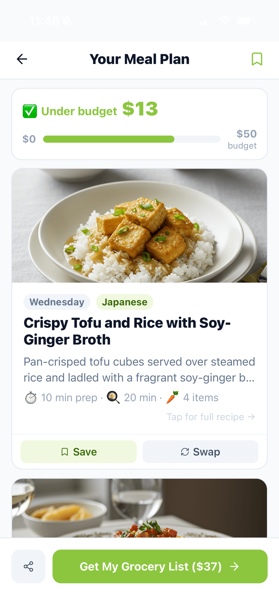 Wednesday: Crispy Tofu and Rice with Soy-Ginger Broth